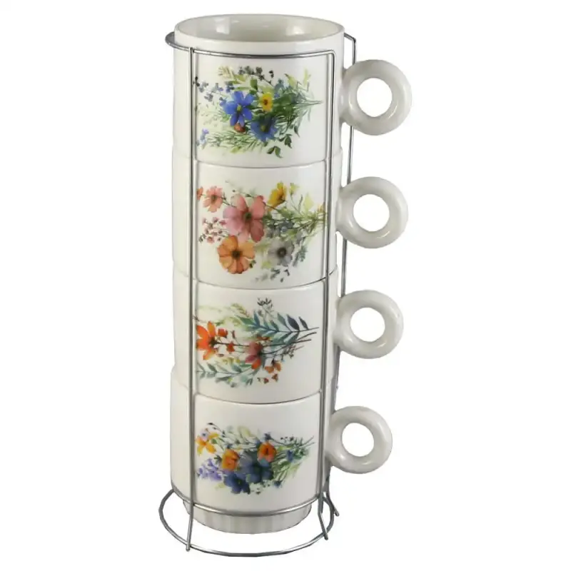 Set 4 cesti din ceramica cu suport metalic, 220 ml, flori